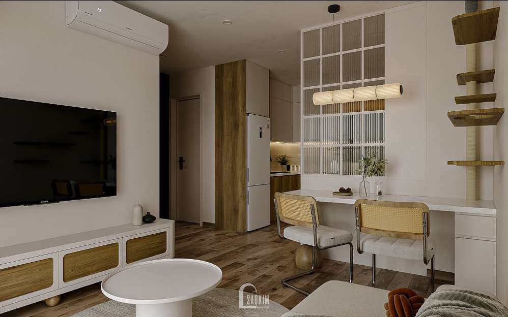 Không gian phòng khách phong cách Scandinavian tại thiết kế chung cư 1 ngủ Masteri Vinhomes Ocean Park